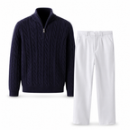 Seresaro navy cable-knit half-zip sweater and white tailored trousers on white