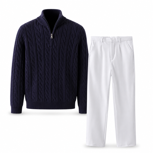 Seresaro navy cable-knit half-zip sweater and white tailored trousers on white