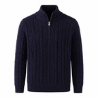 Seresaro navy cable-knit half-zip sweater on a white studio background