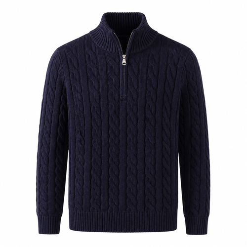 Seresaro navy cable-knit half-zip sweater on a white studio background