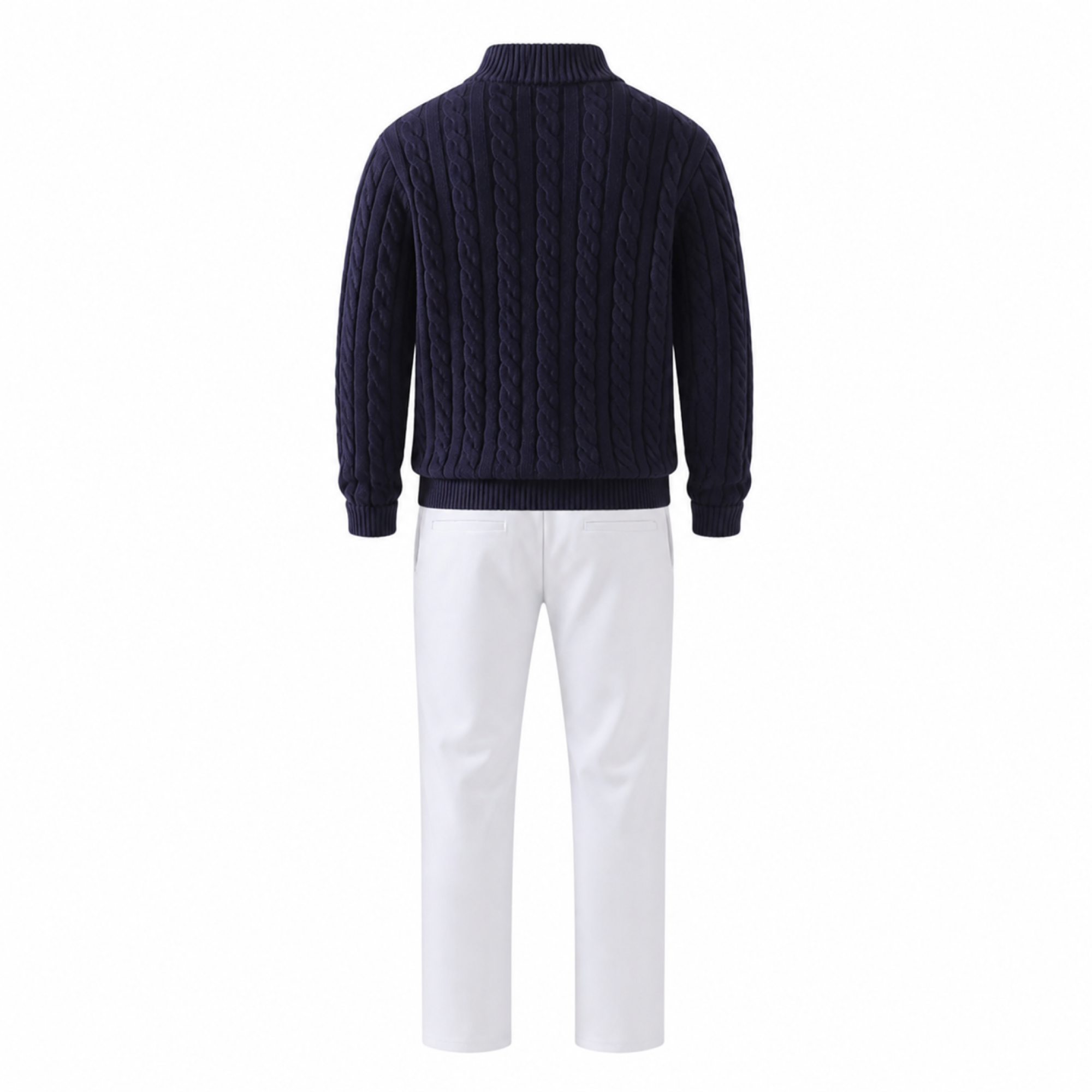 Rear view of the Seresaro navy sweater and white trousers set on white