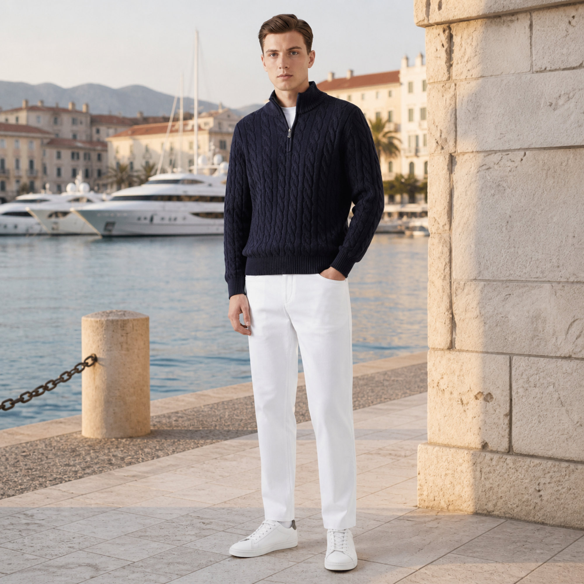 Man wearing the Seresaro outfit on a Mediterranean marina promenade