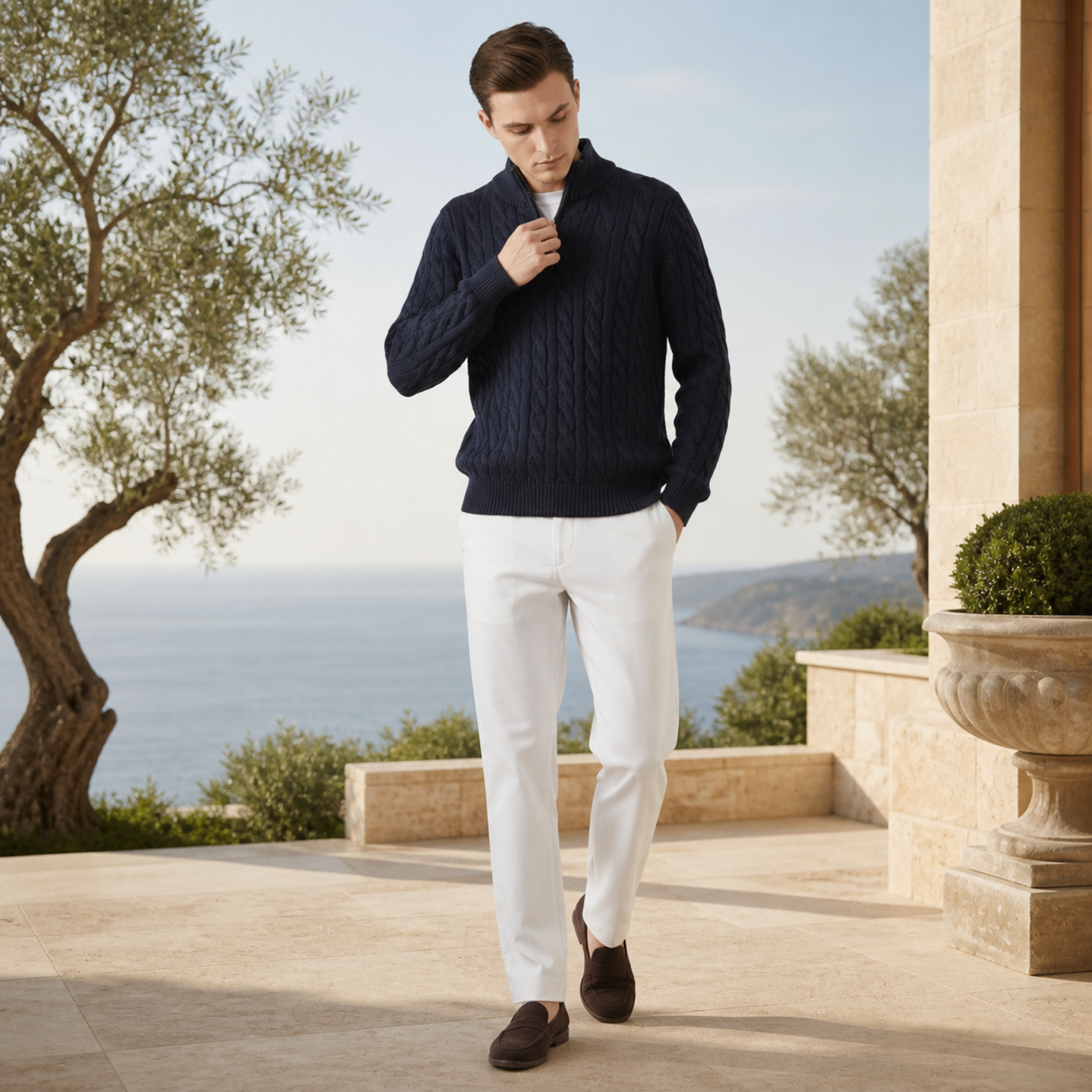 Man wearing the Seresaro outfit on a coastal villa terrace