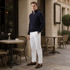 Man wearing the Seresaro outfit at a European cafe terrace