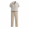 Serevello beige open-knit stripe shirt and drawstring trousers, studio front