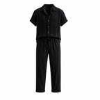 Serevello black textured stripe shirt and drawstring trousers, studio front