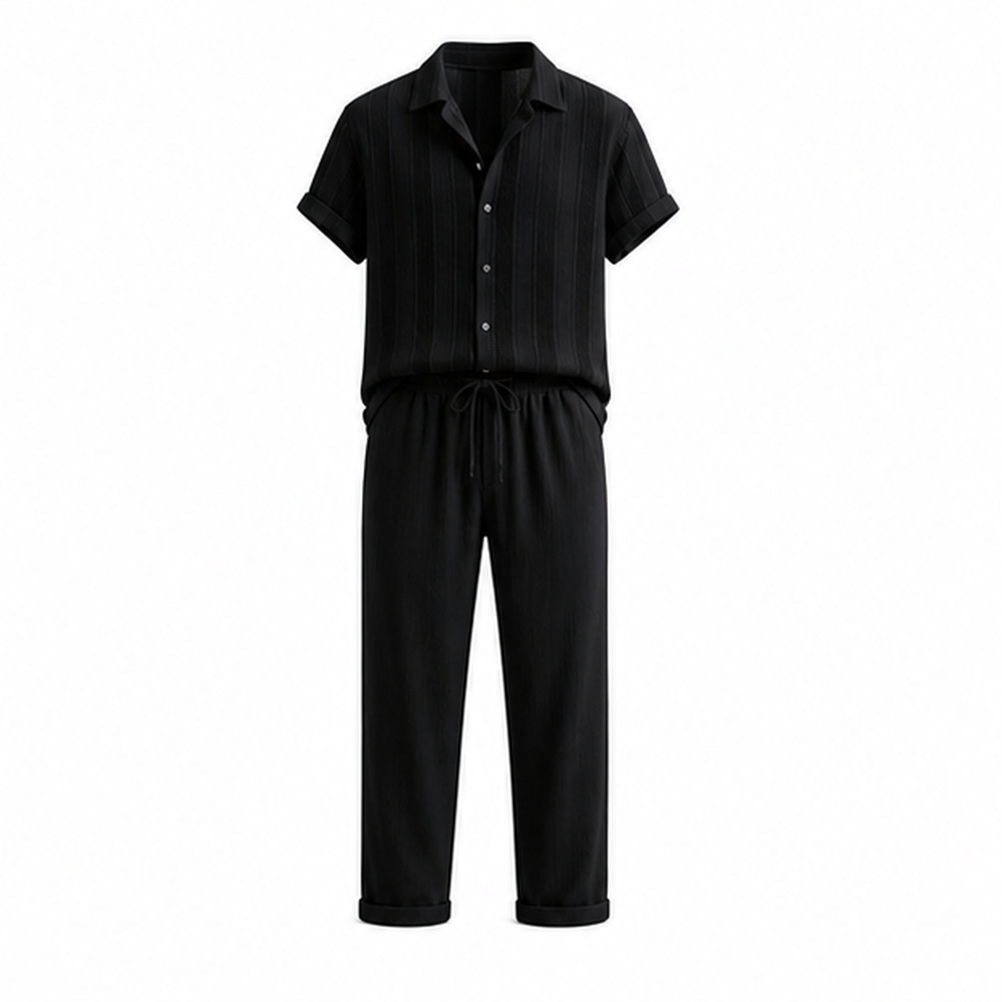 Serevello black textured stripe shirt and drawstring trousers, studio front