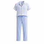 Serevello light blue stripe shirt and drawstring trousers, studio front