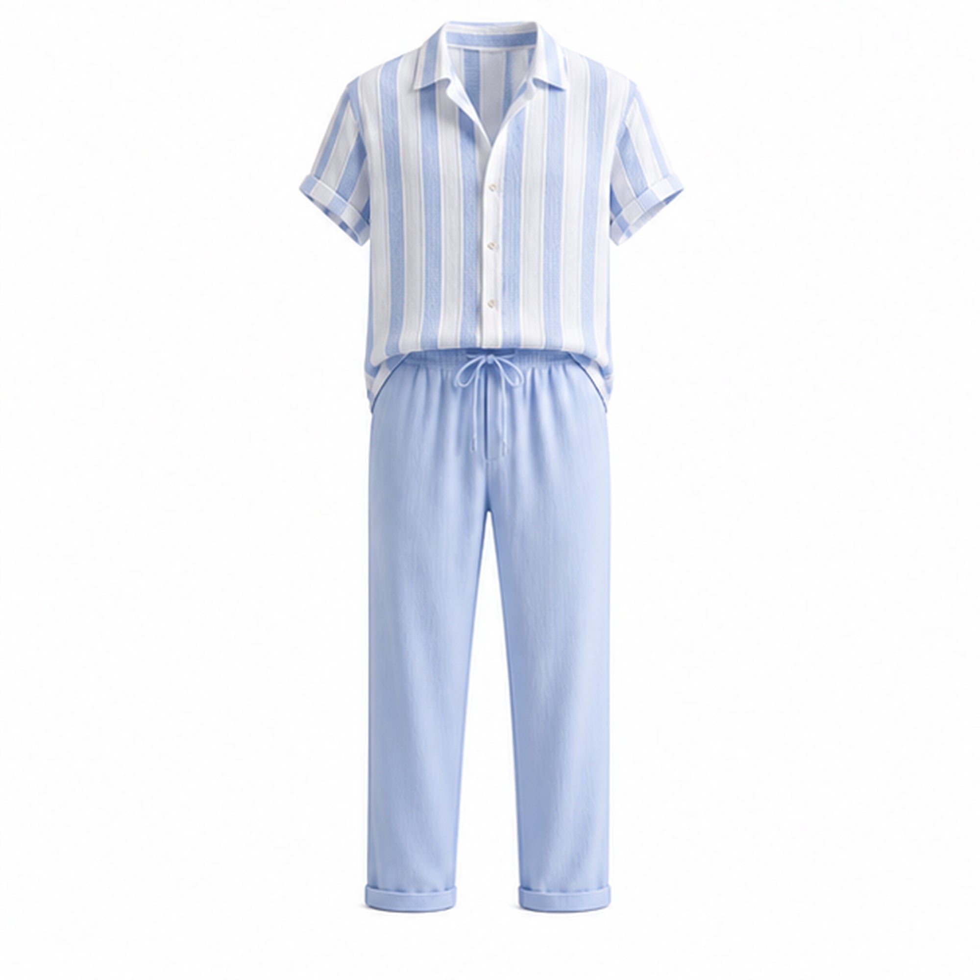 Serevello light blue stripe shirt and drawstring trousers, studio front