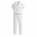 Serevello white textured stripe shirt and drawstring trousers, studio front