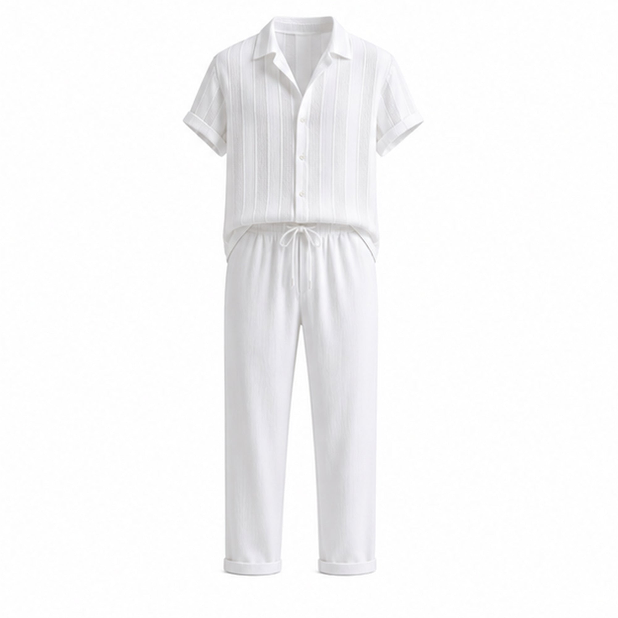 Serevello white textured stripe shirt and drawstring trousers, studio front