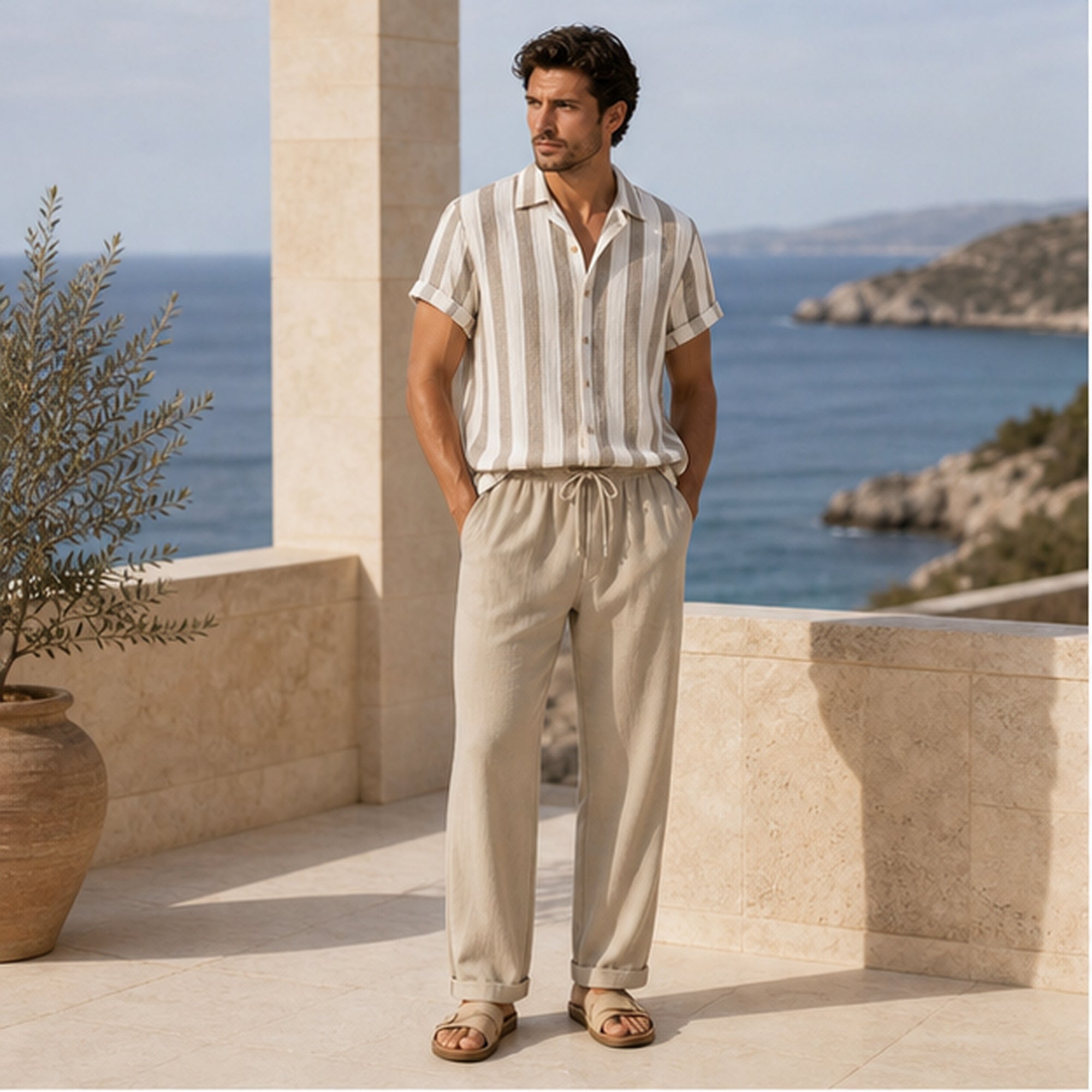 Serevello beige set styled on a Mediterranean terrace