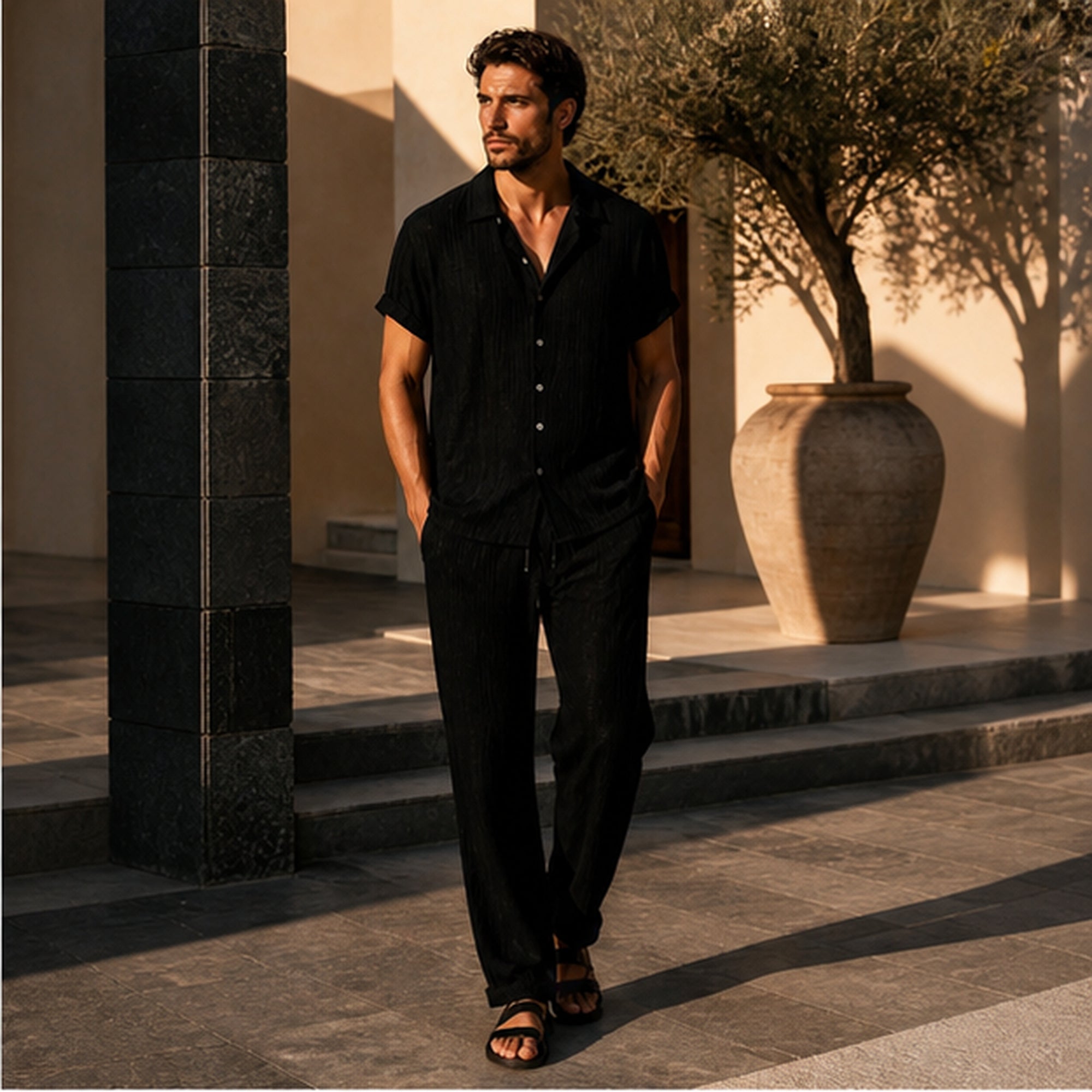 Serevello black set styled at a modern resort