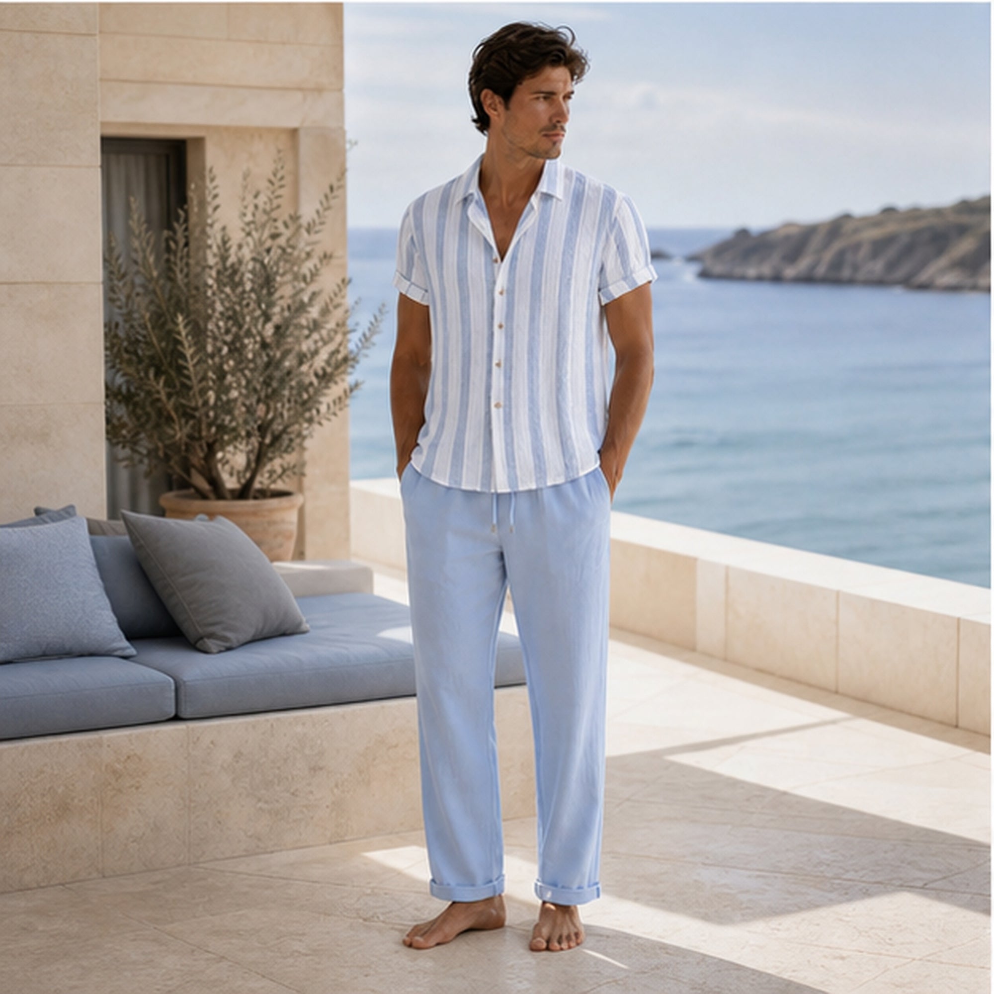 Serevello light blue set styled on a coastal terrace