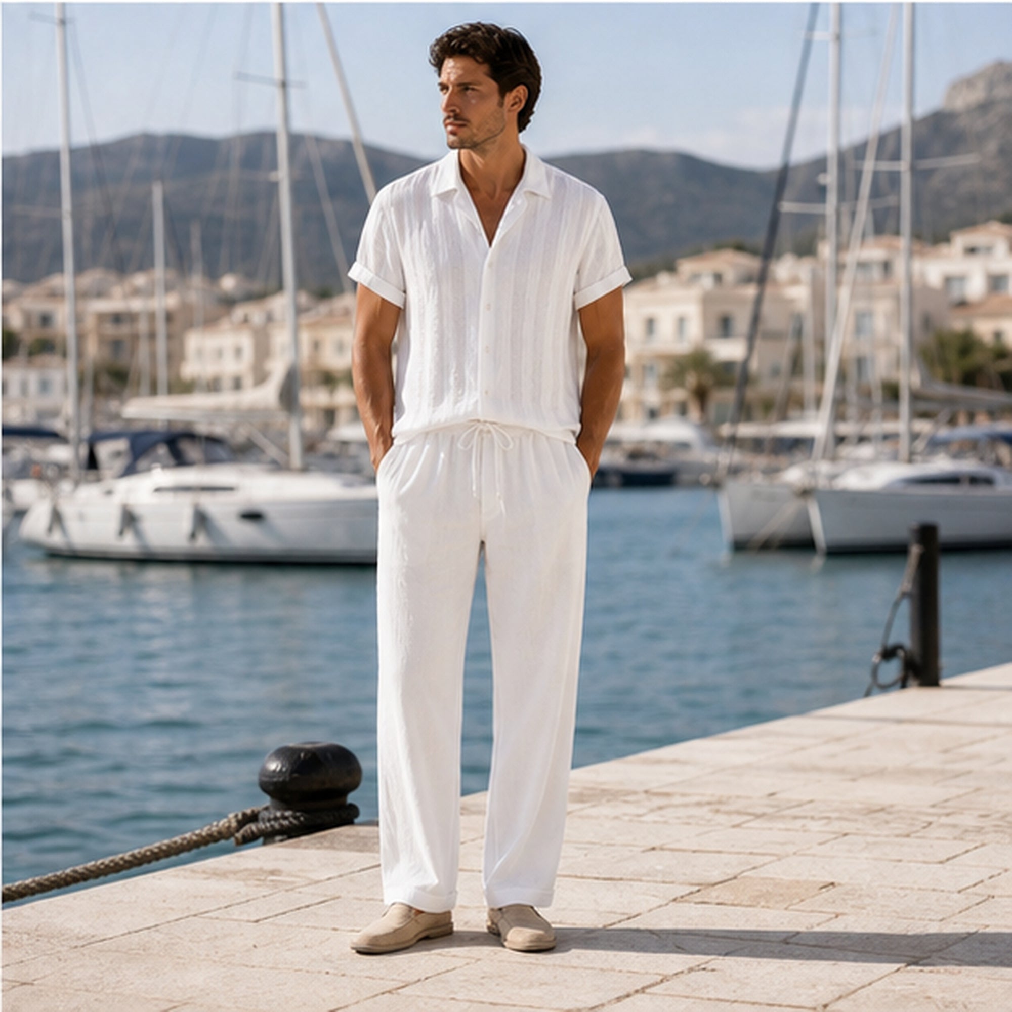 Serevello white set styled at a marina