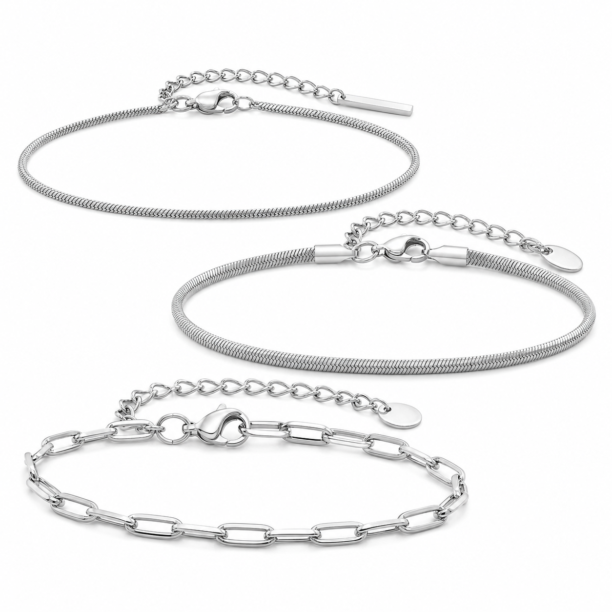 Three-piece silver stainless steel bracelet set, diagonal studio view