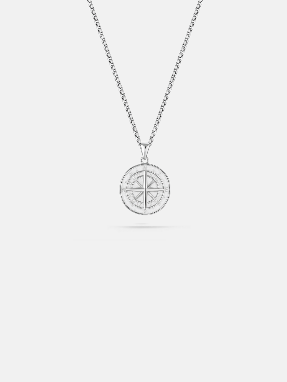Bruce & Co Men’s Compass Pendant Necklace, Platinum-Plated Steel