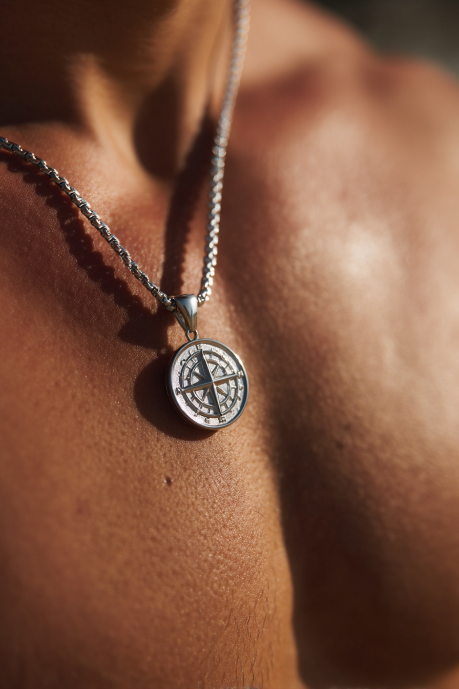 Bruce & Co Men’s Compass Pendant Necklace, Platinum-Plated Steel