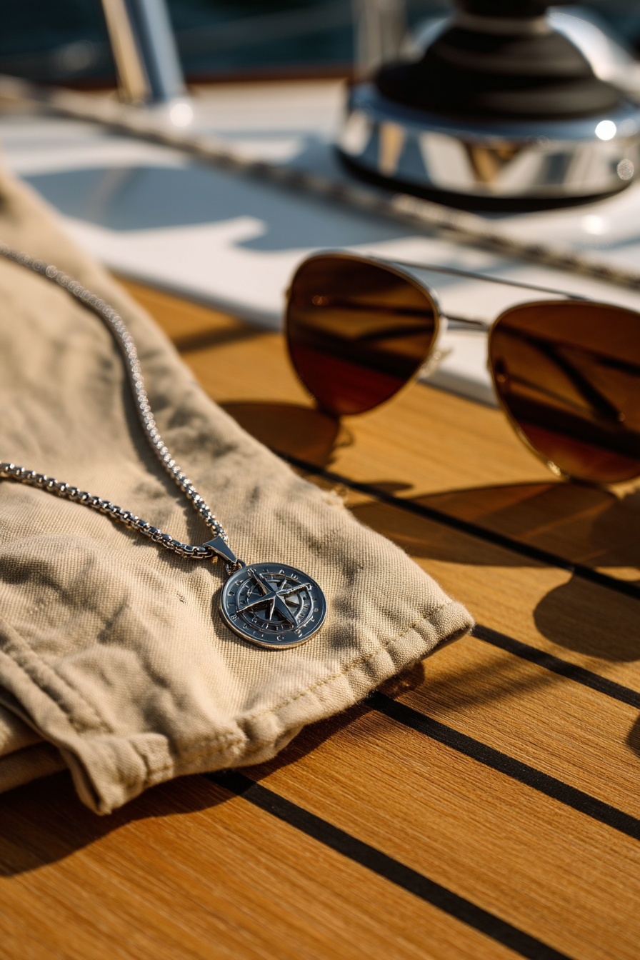 Bruce & Co Men’s Compass Pendant Necklace, Platinum-Plated Steel