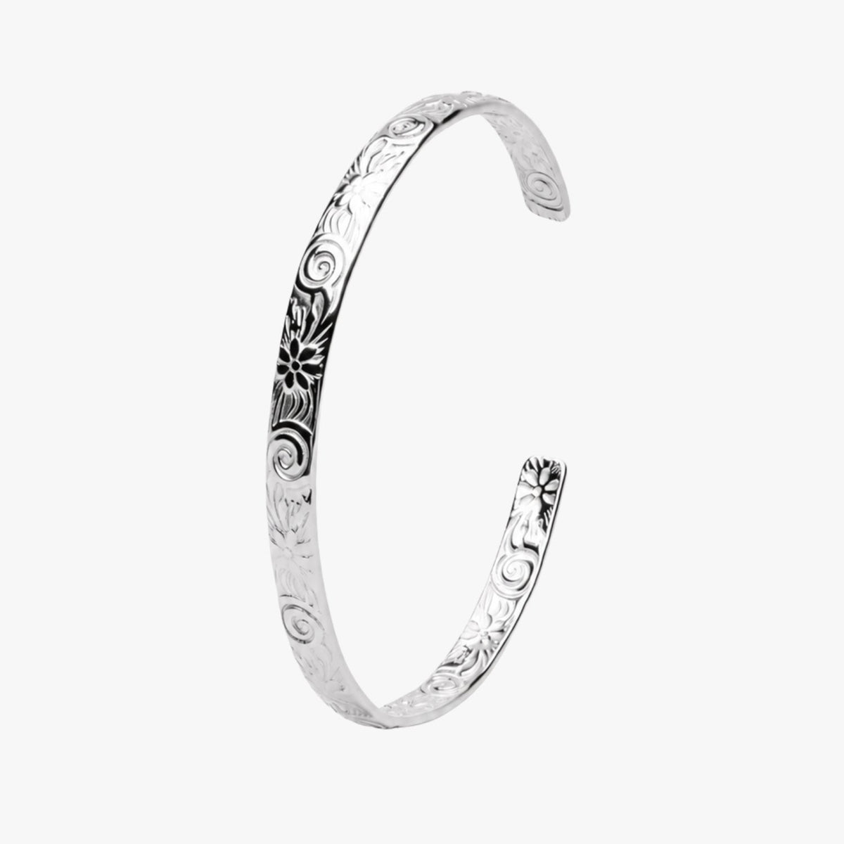 Bruce & Co Flora – Floral Engraved Open Cuff Bracelet, Steel