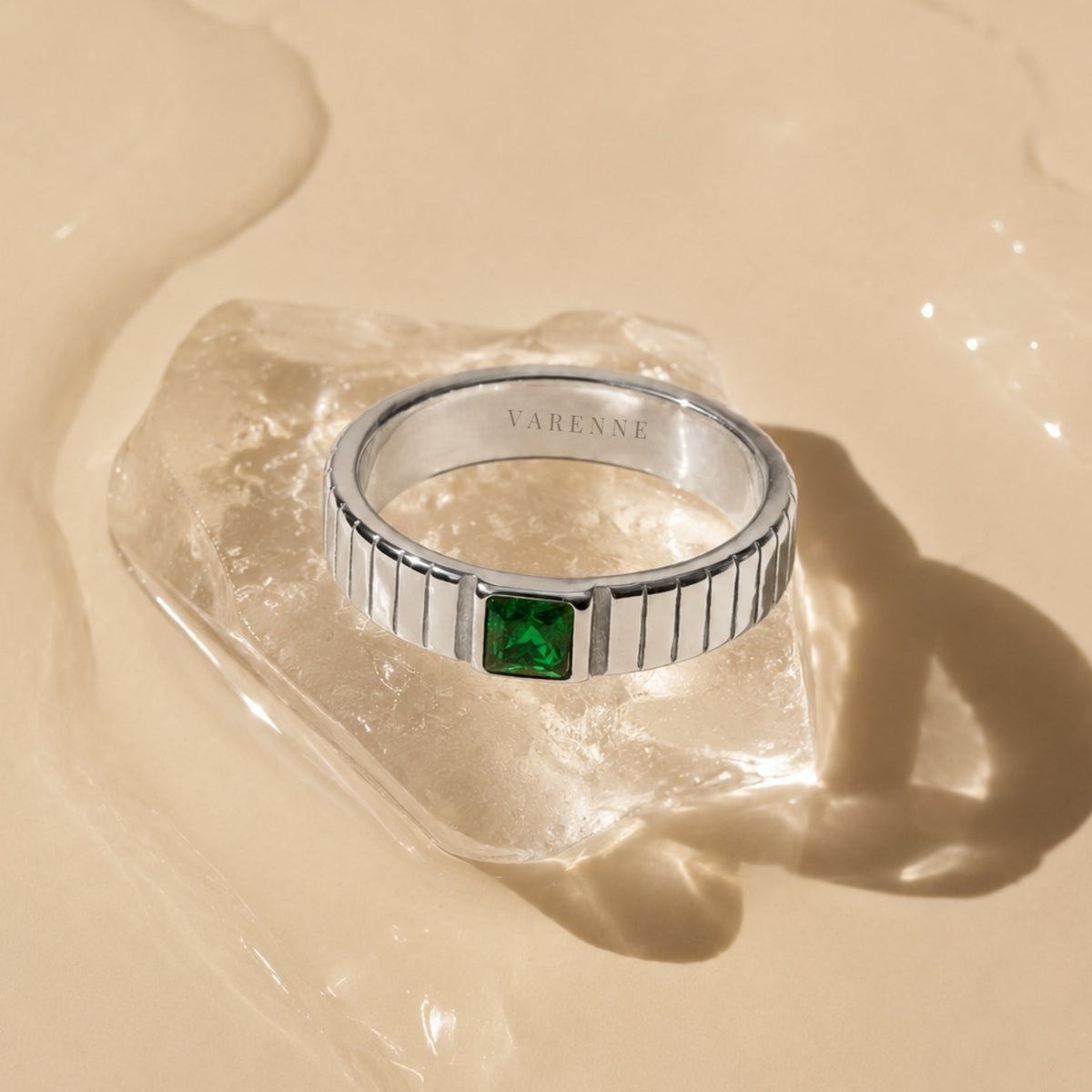 Bruce & Co Green Zirconia Ribbed Band Ring, Stainless Steel
