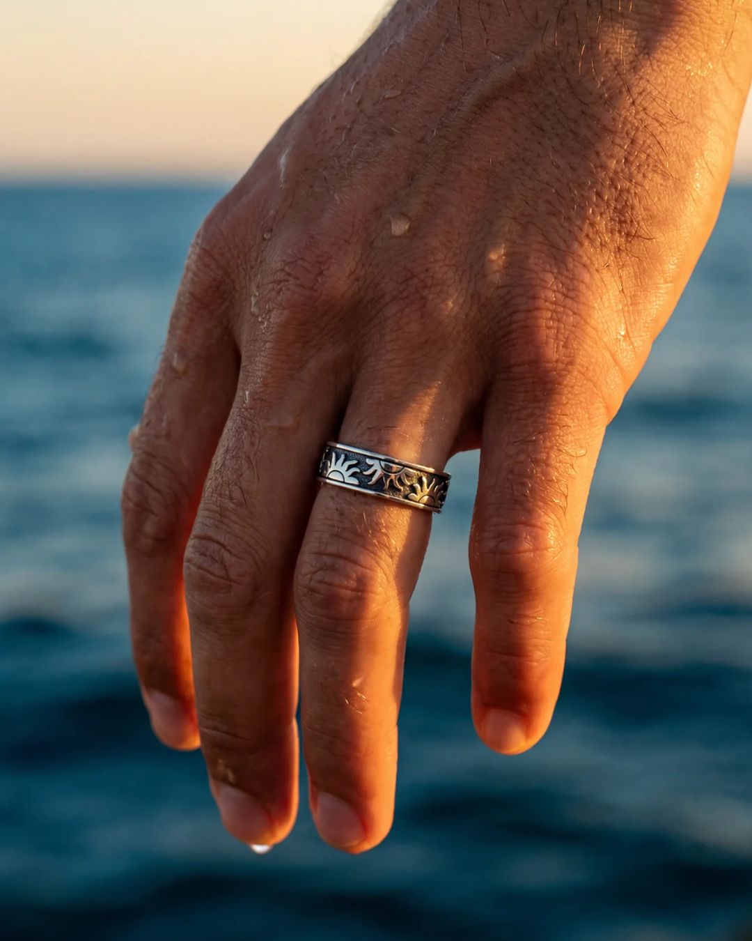 Bruce & Co Men’s Engraved Sun Adjustable Band Ring, Silver-Tone Copper