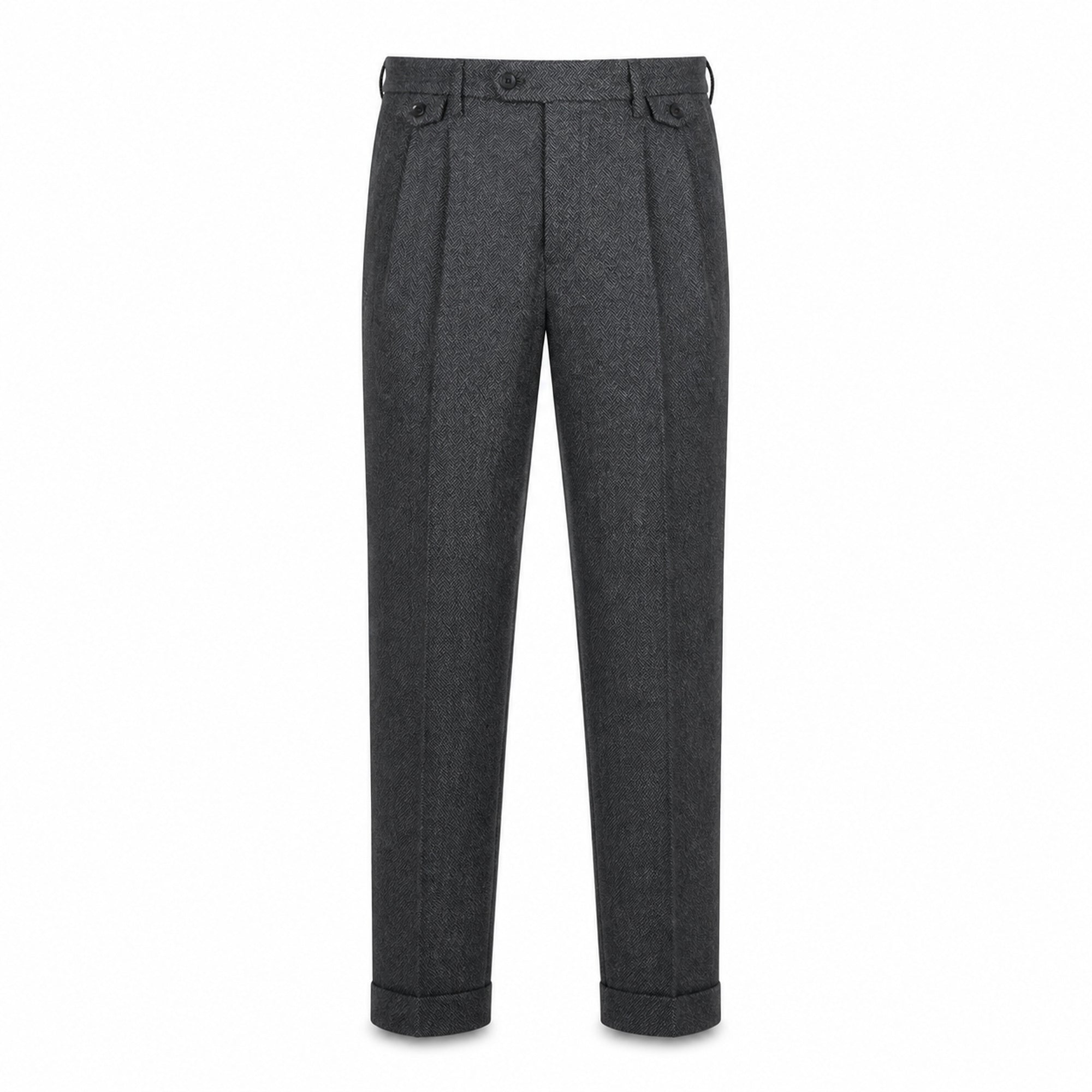 Tavedane gray herringbone side-adjuster trousers, front ghost mannequin view