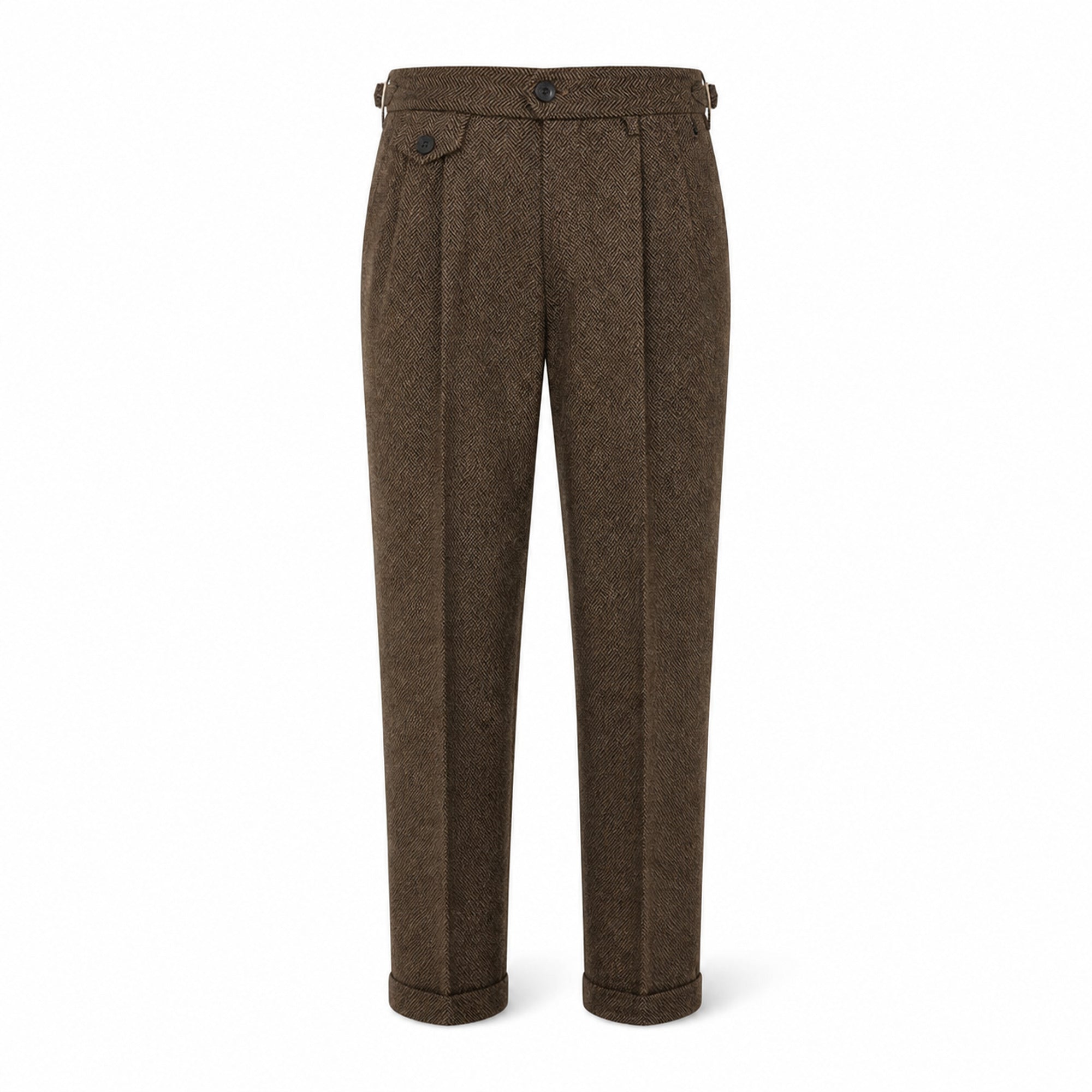 Tavedane chestnut herringbone side-adjuster trousers, front ghost mannequin view