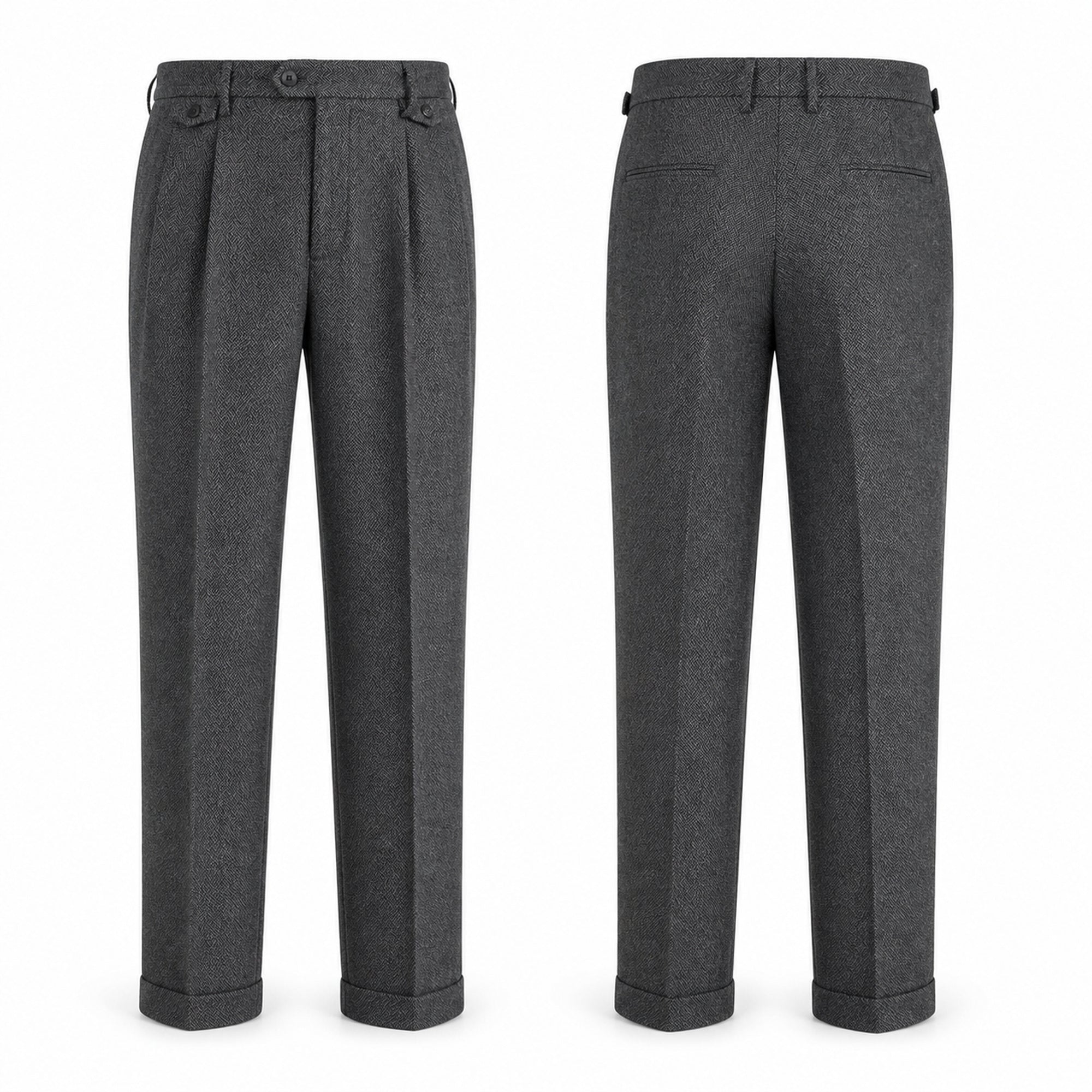 Tavedane gray herringbone trousers, front and back studio views