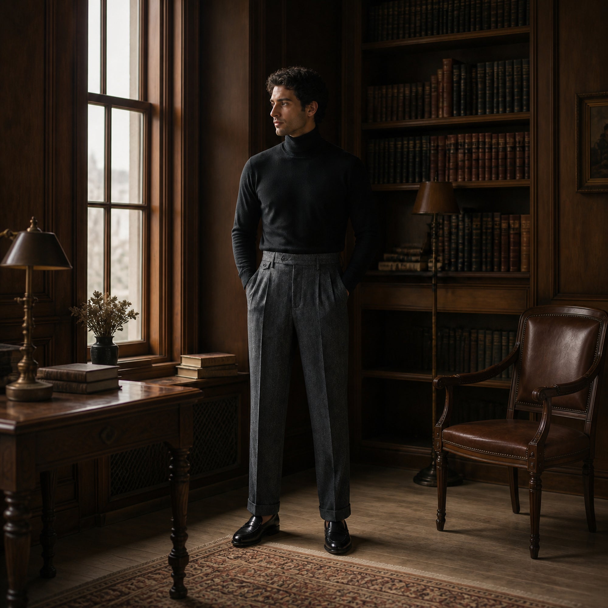 Tavedane gray herringbone trousers styled in a private library