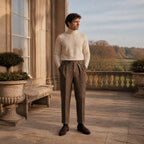Tavedane chestnut herringbone trousers styled at a country estate