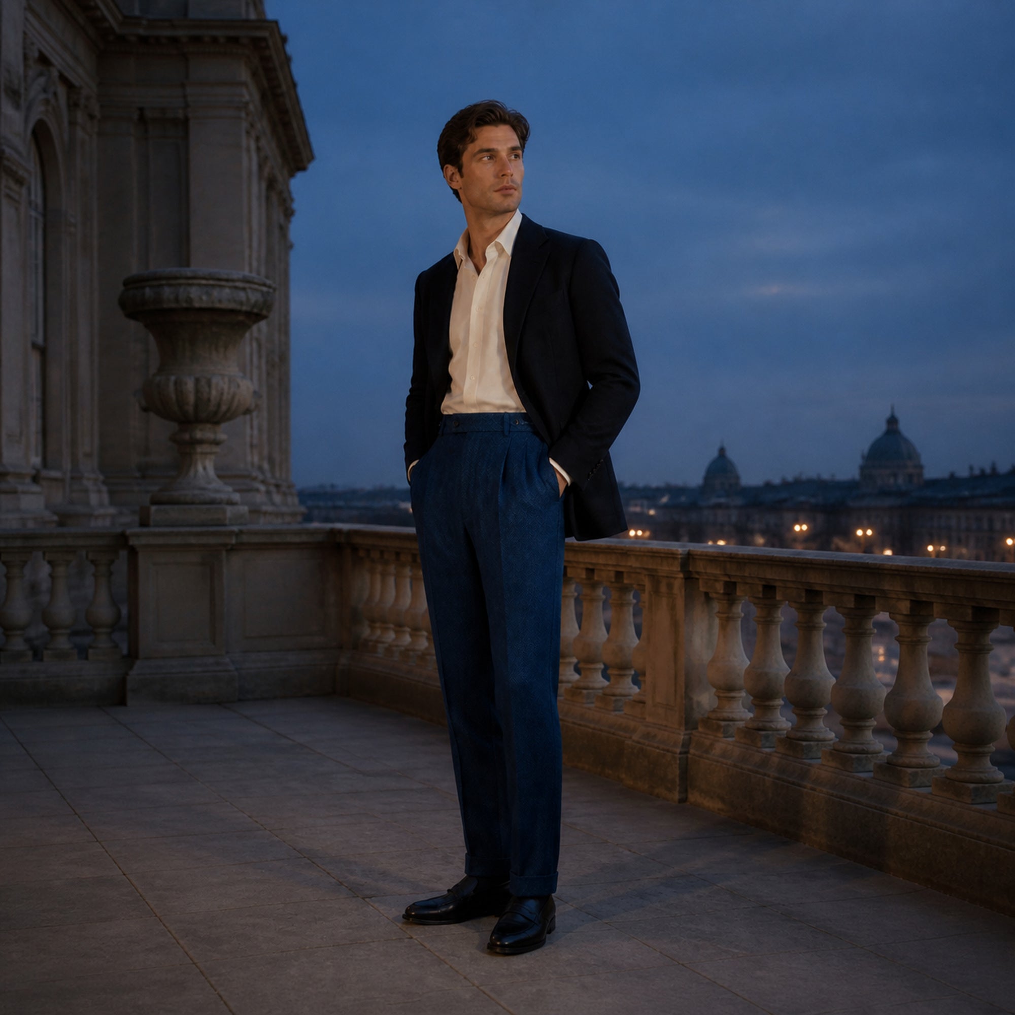 Tavedane navy herringbone trousers styled on a European terrace