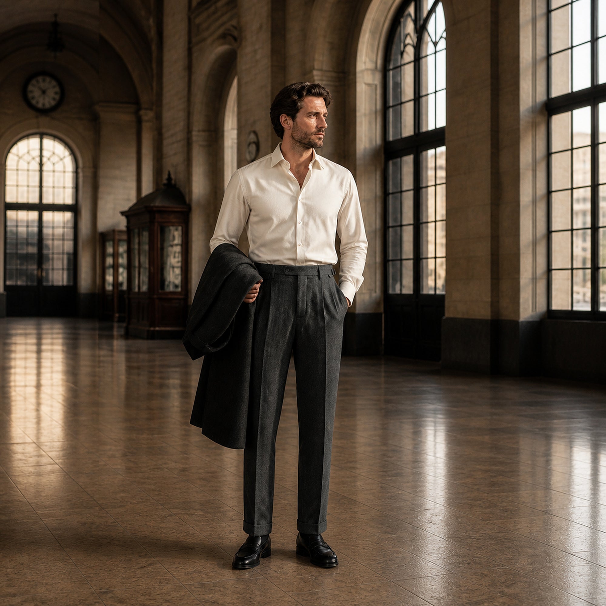 Tavedane gray herringbone trousers styled in a historic station