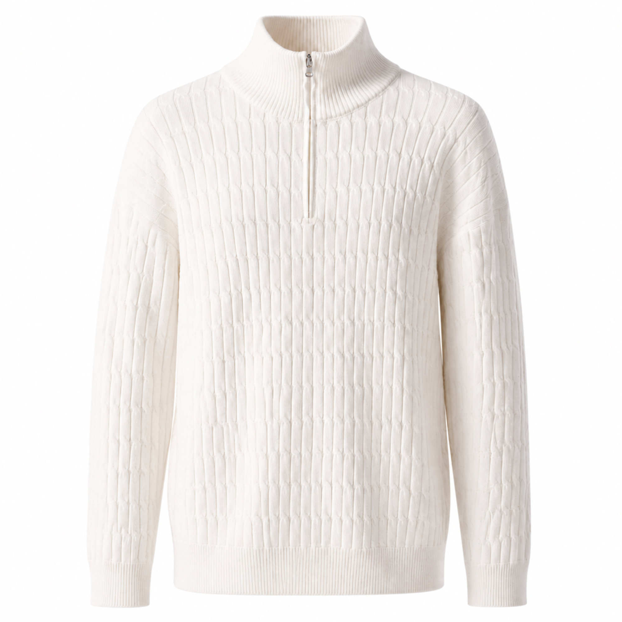 Taverino white cotton cable-knit half-zip sweater on a white studio background