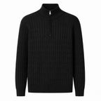 Taverino black cotton cable-knit half-zip sweater on a white studio background