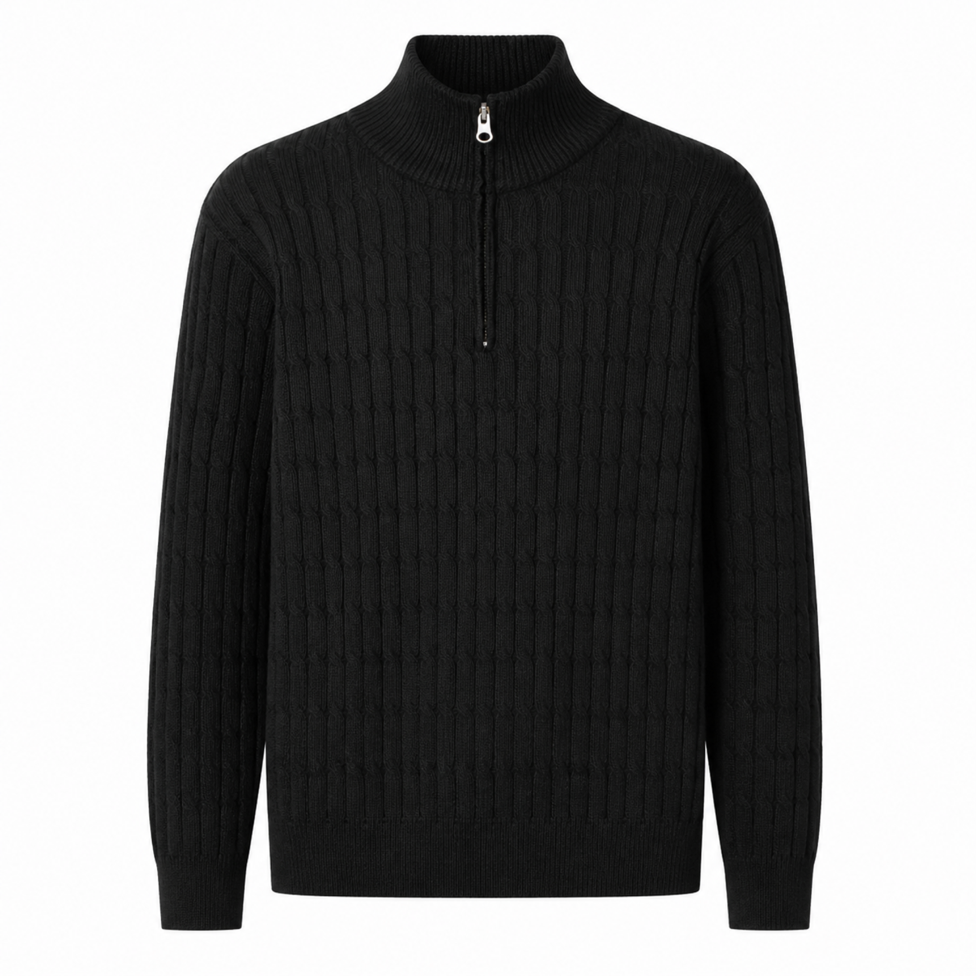 Taverino black cotton cable-knit half-zip sweater on a white studio background