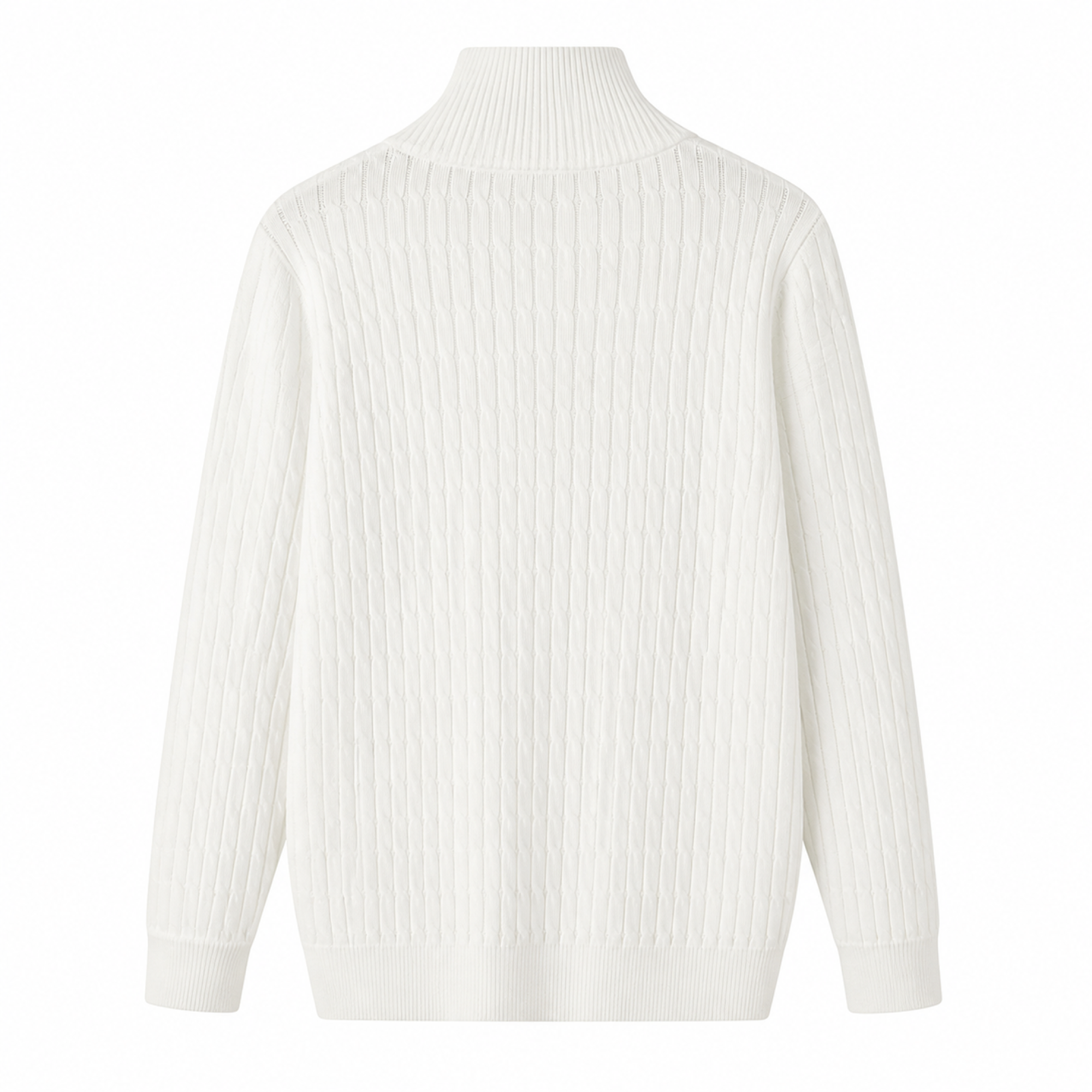 Rear view of the Taverino white cotton cable-knit sweater on white