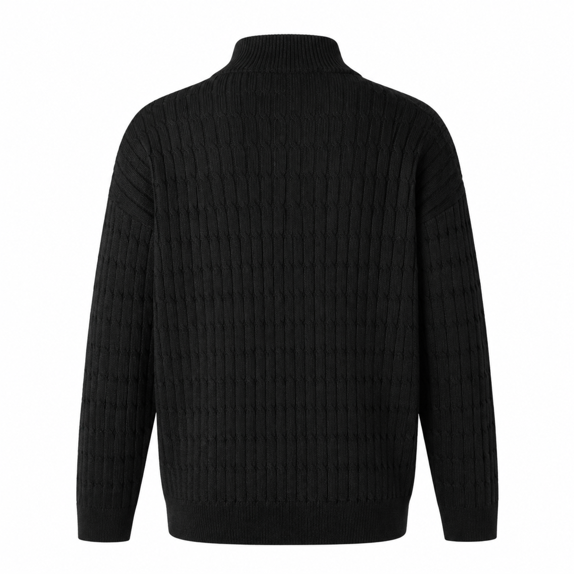 Rear view of the Taverino black cotton cable-knit sweater on white