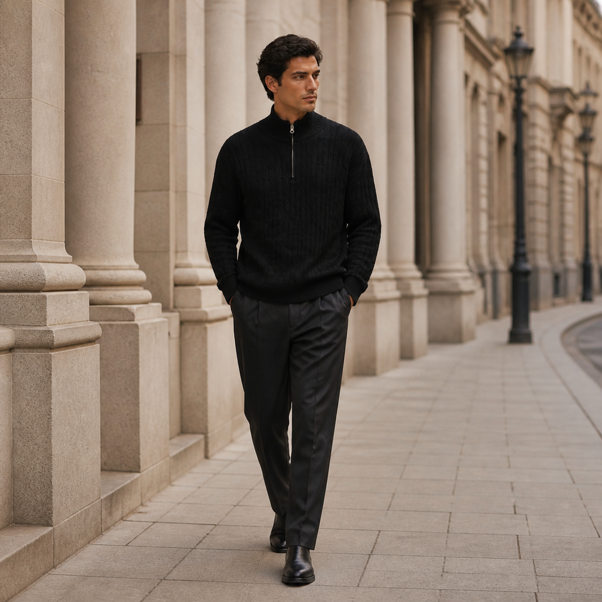 Man wearing the black Taverino sweater on a European colonnade