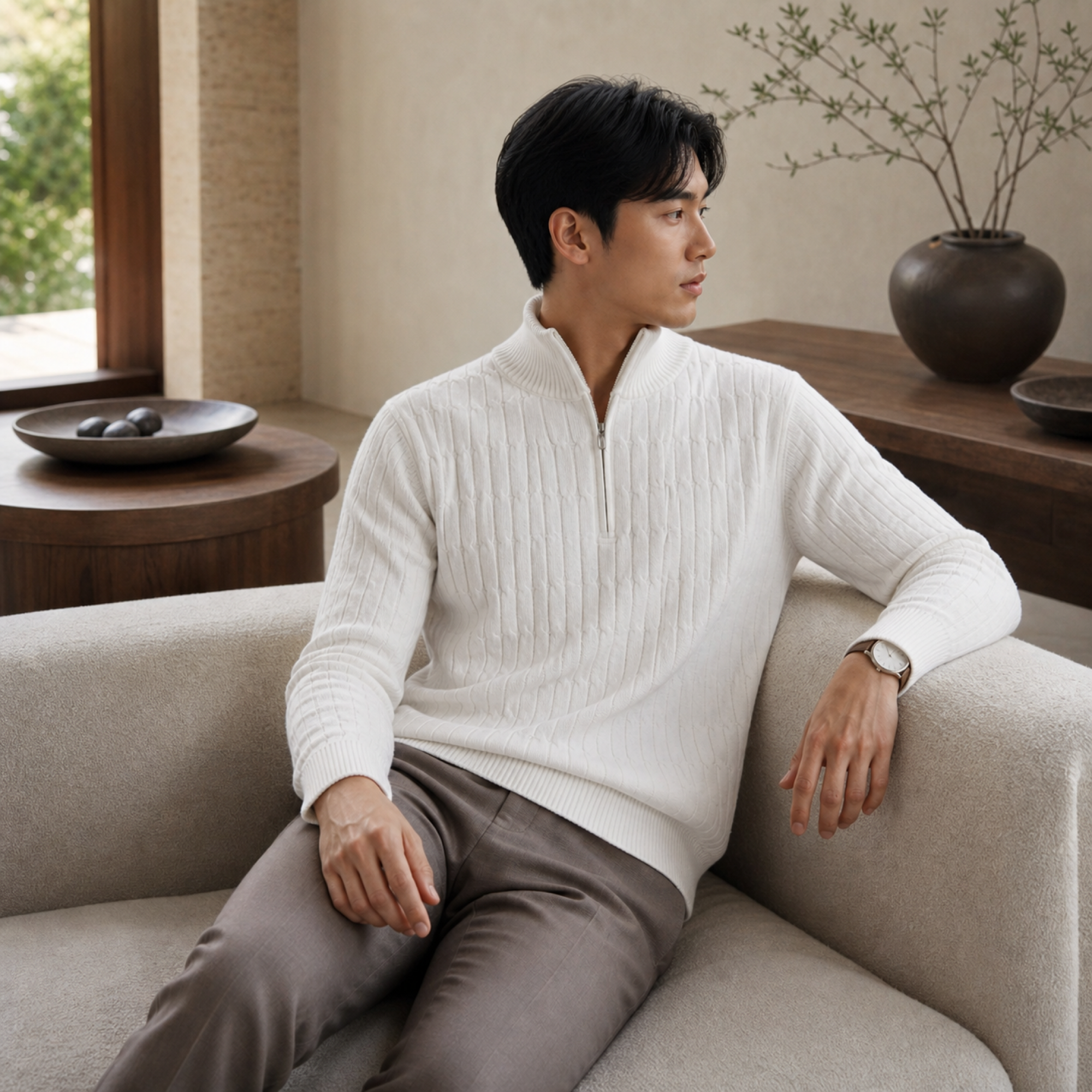 Man wearing the white Taverino sweater in a refined villa interior