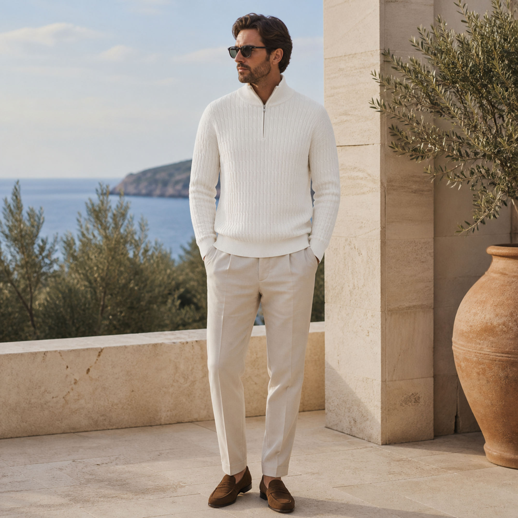Man wearing the white Taverino sweater on a Mediterranean villa terrace