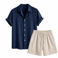 Tavesaro men's navy linen-rayon shirt and beige crinkle shorts set — studio front