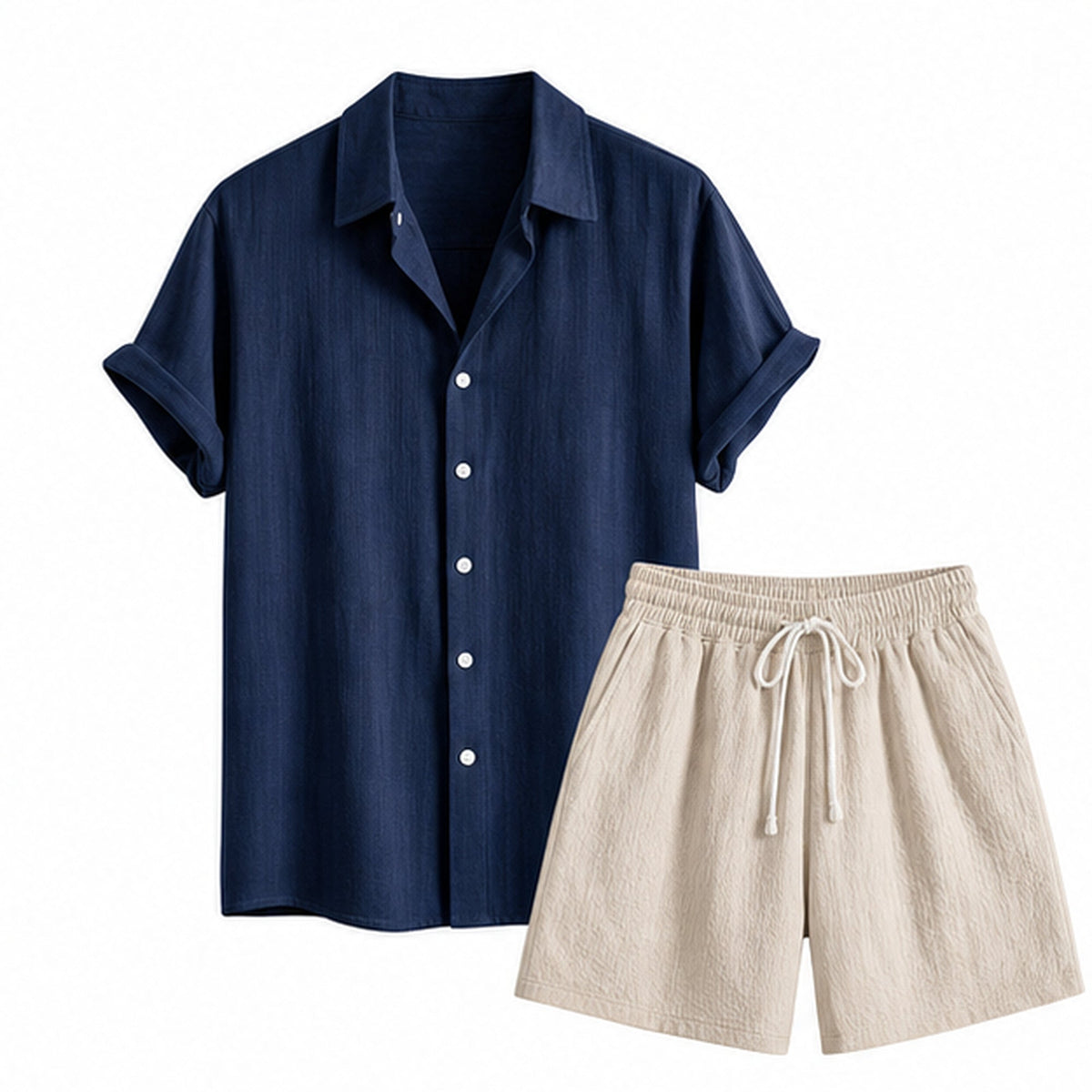 Tavesaro men's navy linen-rayon shirt and beige crinkle shorts set — studio front