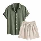 Tavesaro men's dark green linen-rayon shirt and beige crinkle shorts set — studio front