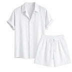 Tavesaro men's white linen-rayon shirt and white crinkle shorts set — studio front