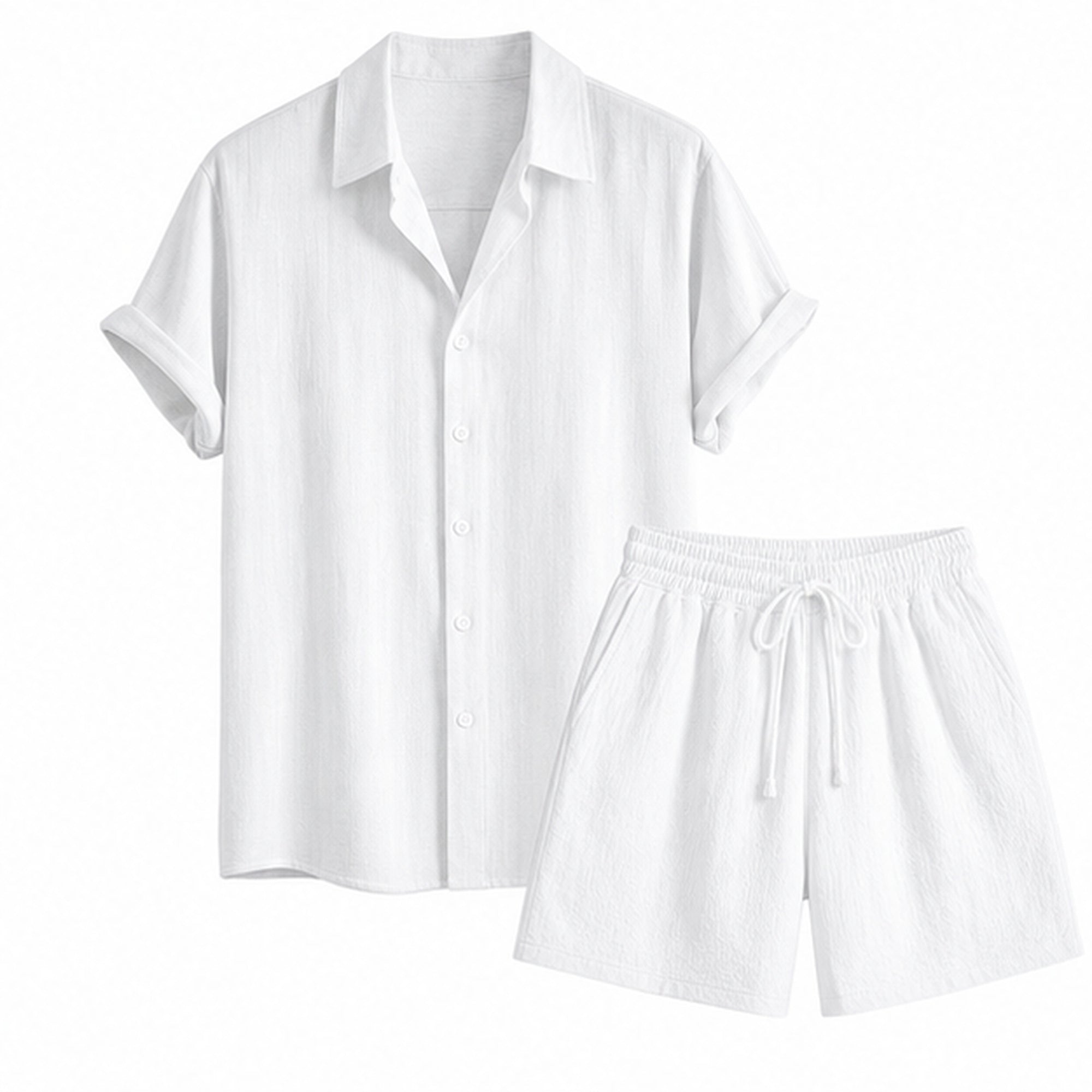 Tavesaro men's white linen-rayon shirt and white crinkle shorts set — studio front