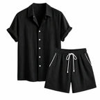Tavesaro men's black linen-rayon shirt and black crinkle shorts set — studio front