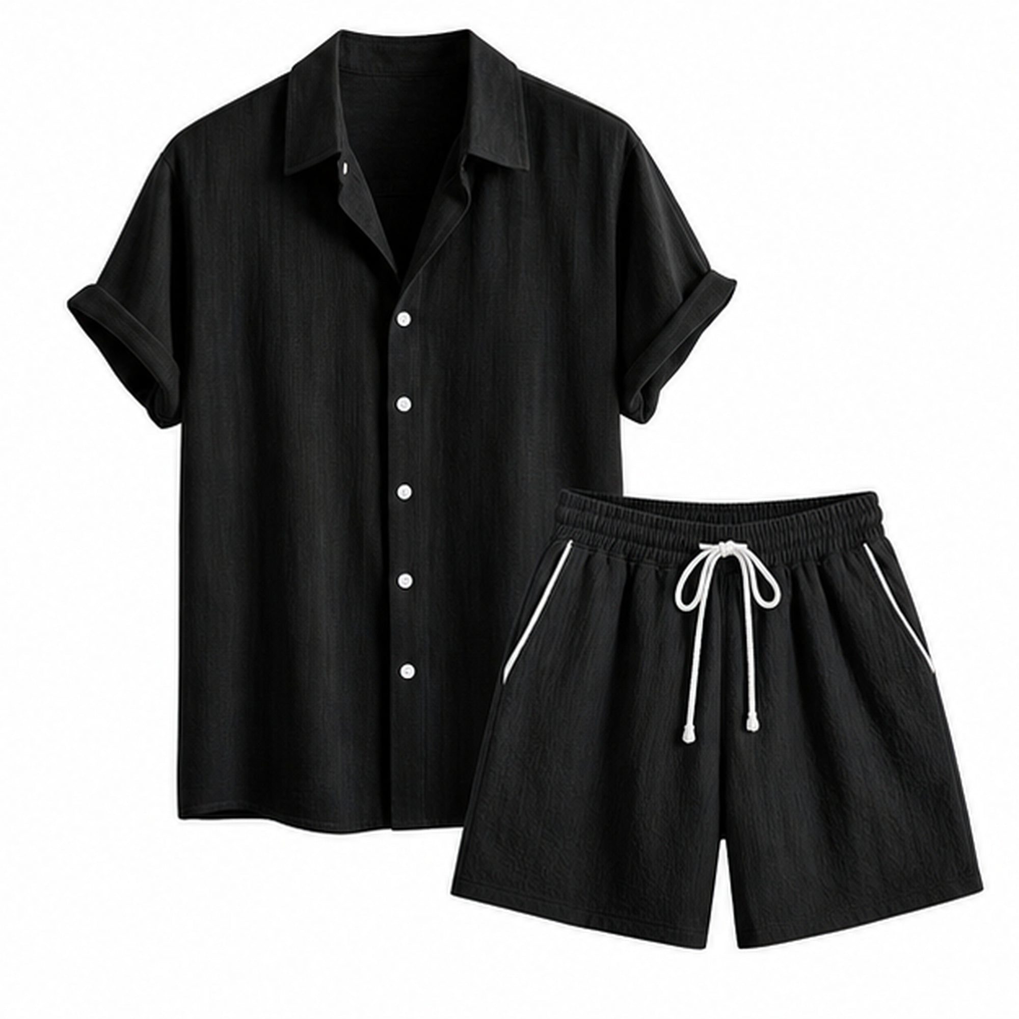 Tavesaro men's black linen-rayon shirt and black crinkle shorts set — studio front