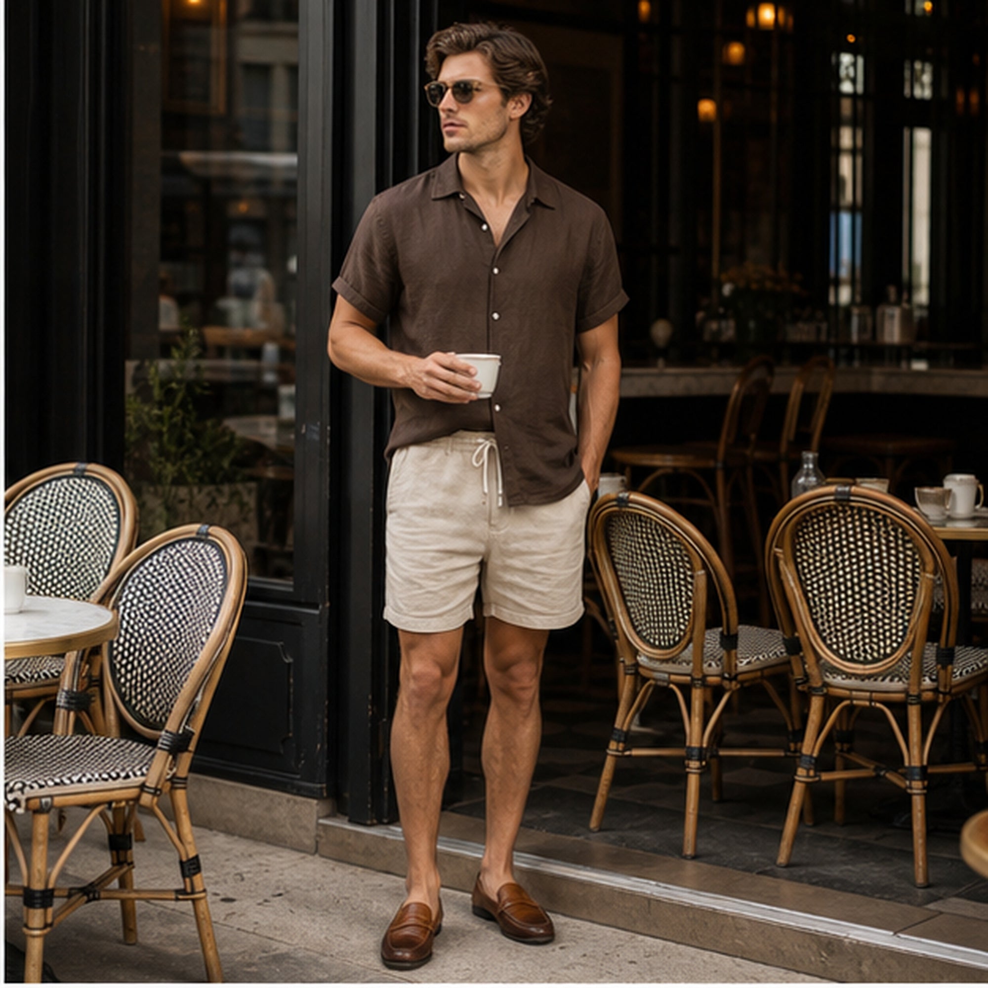 Tavesaro men's coffee shirt and beige shorts set at a European cafe