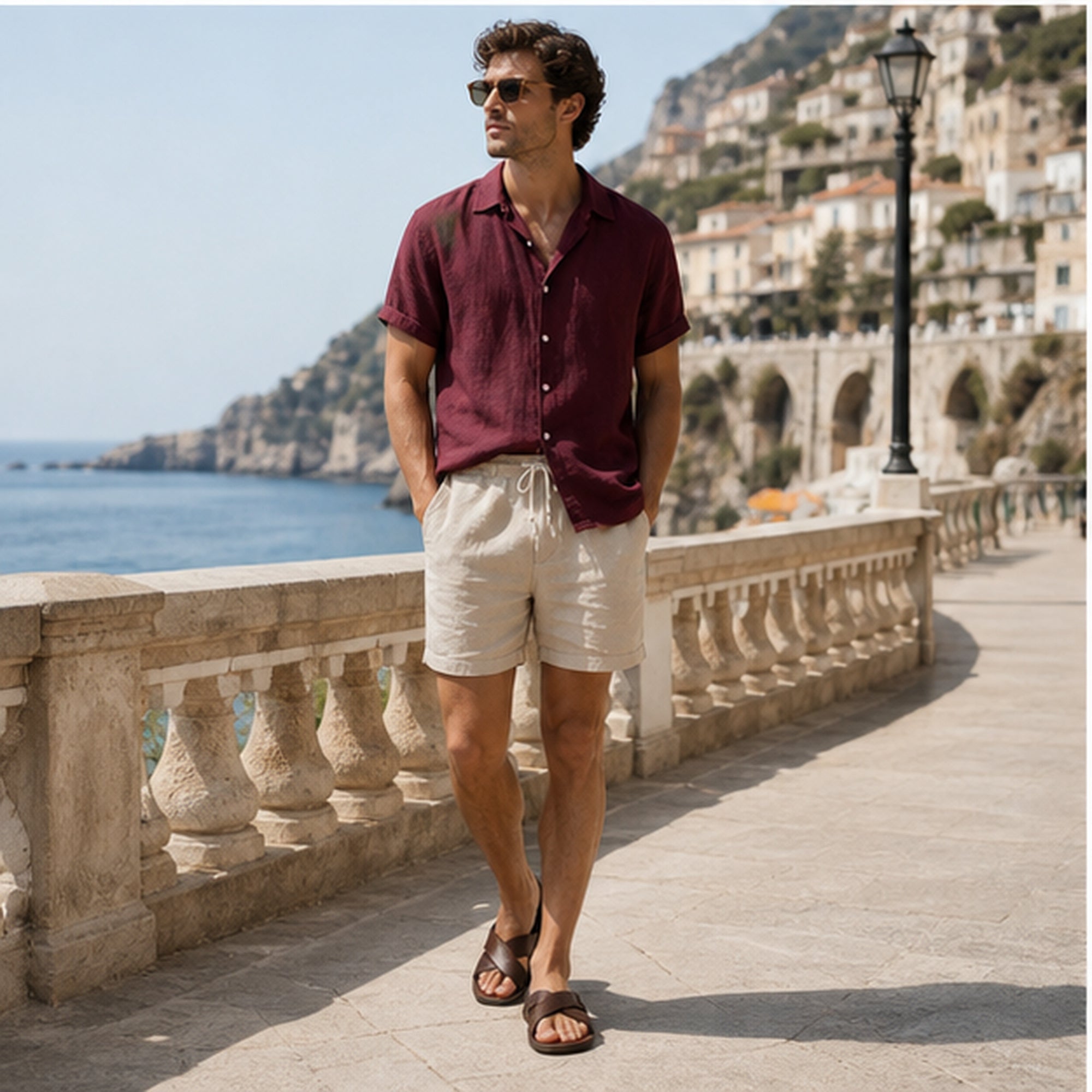 Tavesaro men's maroon shirt and beige shorts set on a coastal promenade